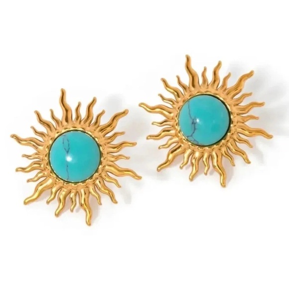 Turquoise Sun 18K Gold Stainless Steel Waterproof Earrings - Picture 1 of 11